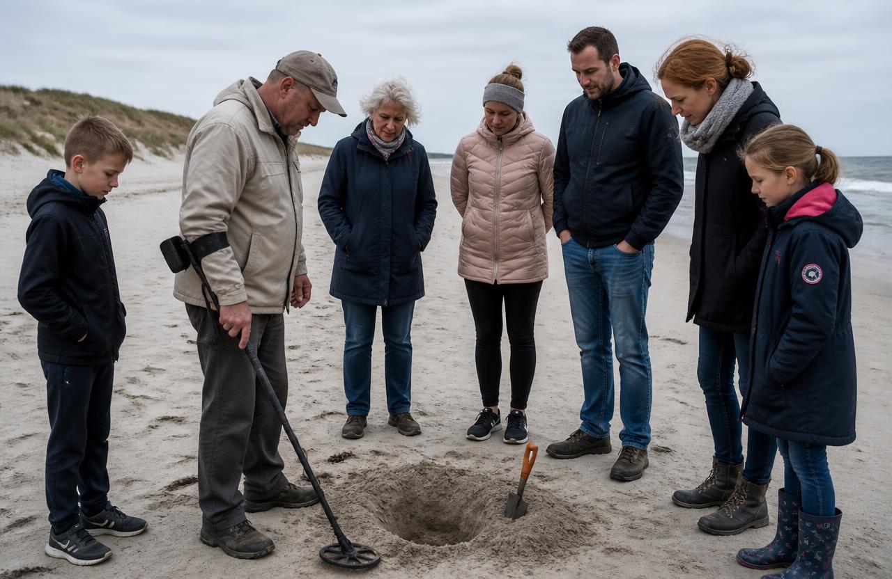 Mann mit Kappe steht mit einem Metalldetektor vor einer kleinen ausgehobenen Sandkuhle, mehrere Schaulustige beobachten ihn am Strand